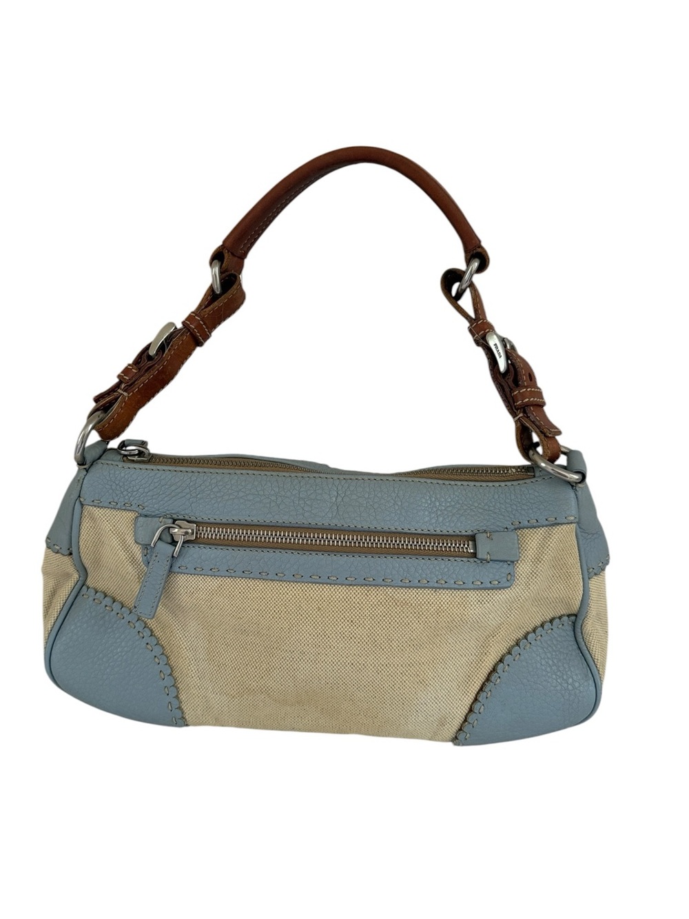 Vintage Y2K Prada Canapa Triangle Logo Canvas & Leather Shoulder Bag Blue Tan